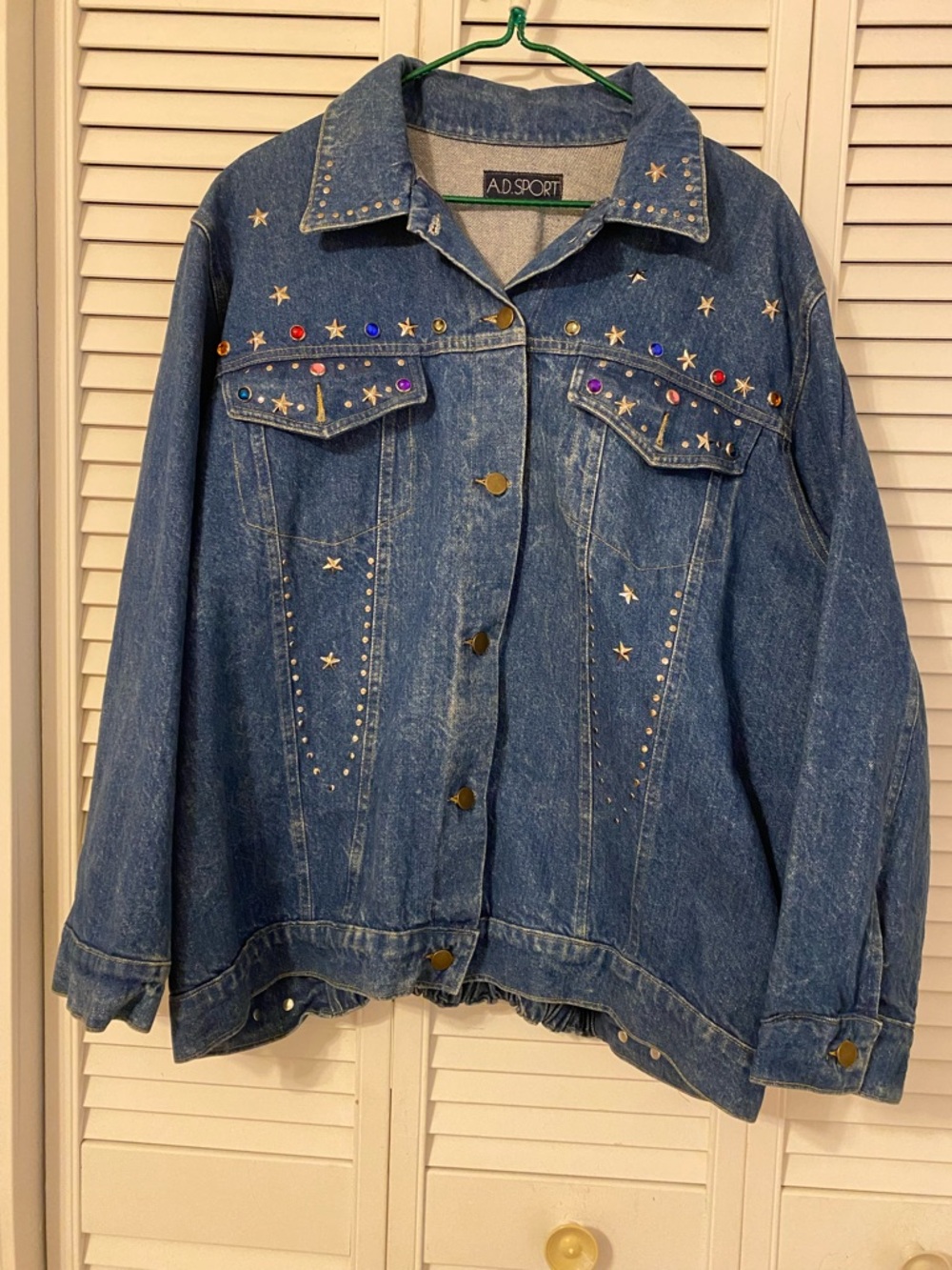 VTG 90s Womens Western Jean Denim Jacket Stars Gemstones Artsy Size 2XL Festival